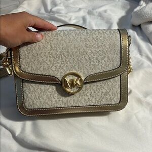 Michael Kors Cream and Gold Crossbody Bag with MK Logo